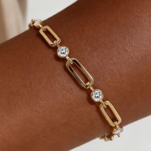 Golden Paperclip Round Cut White Sapphire Tennis Bracelet