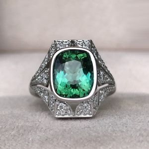 Bezel Cushion & Round Cut Emerald & White Sapphire Engagement Ring