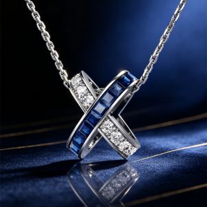 Crossover Asscher & Round Cut Blue & White Sapphire Pendant Necklace