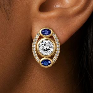Golden Bezel Round & Oval Cut White & Blue Sapphire Hoop Earrings