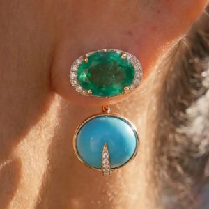 Golden Oval & Round Cut Turquoise & Emerald & White Sapphire Drop Earrings