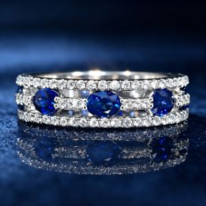 Triple Row Oval & Round Cut Blue & White Sapphire Half Eternity Wedding Band Ring