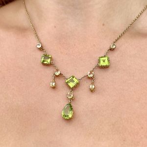 Golden Asscher & Pear & Oval Cut Peridot & Champagne Sapphire Pendant Necklace