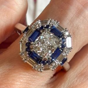 Double Halo Cushion & Baguette & Round Cut White & Blue Sapphire Engagement Ring