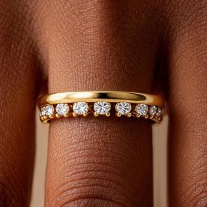 Golden Oval Cut White Sapphire Eternity Wedding Band Ring