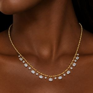 Gloden Alternating Oval & Round Cut White Sapphire Dangle Necklace Pendant Necklace