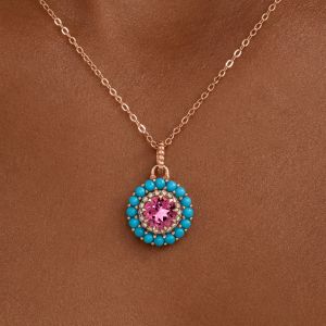 Rose Gold Double Halo Round Cut Pink & Turquoise Sapphire Pendant Necklace