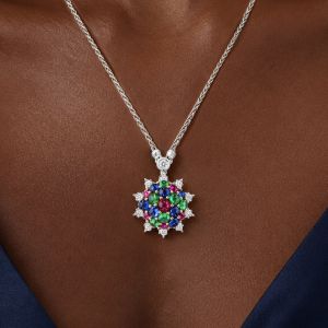 Cluster Round Cabochon Cut Ruby & Emerald & Blue Sapphire Pendant Necklace