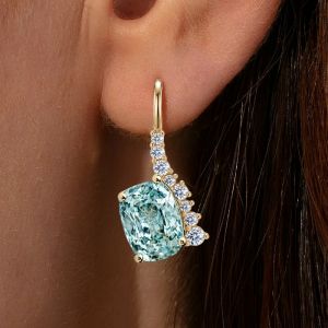 Golden Cushion & Round Cut Aquamarine & White Sapphire Drop Earrings