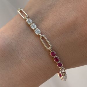 Golden Bezel Cushion Cut Ruby & White Sapphire Tennis Bracelet