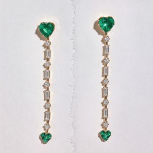 Golden Long Linear Heart & Round & Baguette Cut Emerald & White Sapphire Drop Earrings