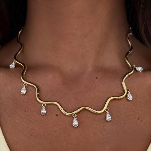 Golden Wavy Pear Cut White Sapphire Pendant Necklace