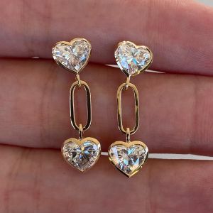 Golden Bezel Heart Cut White Sapphire Paperclip Drop Earrings