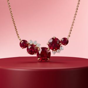 Rose Gold Cluster Round Cut Ruby & White Sapphire Pendant Necklace