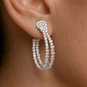 Double Row Pear & Round & Marquise Cut White Sapphire Hoop Earrings