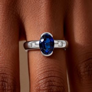 Three Stone Oval & Princess Cut Blue & White Sapphire Engagement Ring