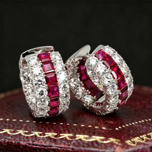 Triple Row Asscher & Round Cut Ruby & White Sapphire Hoop Earrings