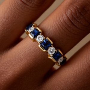 Golden Asscher & Round Cut Blue & White Sapphire Half Eternity Wedding Band Ring