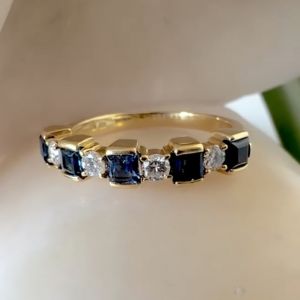 Golden Asscher & Round Cut Blue & White Sapphire Half Eternity Wedding Band Ring