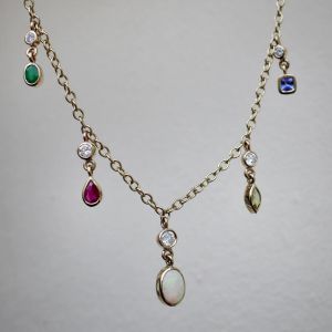 Golden Bezel Multi Cut Opal & Ruby & Peridot & Blue Sapphire Pendant Necklace
