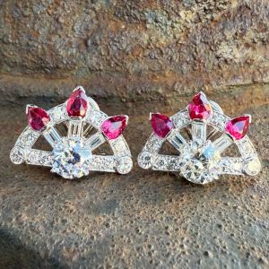 Fan Shape Round & Pear & Baguette Cut White & Ruby Sapphire Hoop Earrings
