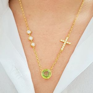 Golden Bezel Cross Charm Round Cut Peridot & White Sapphire Pendant Necklace