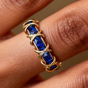 Golden Asscher Cut Blue Sapphire Eternity Wedding Band Ring