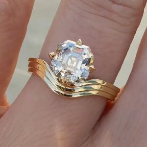 Golden Solitaire Asscher Cut White Sapphire Engagement Ring