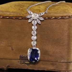Floral Cushion & Round Cut Blue & White Sapphire Pendant Necklace