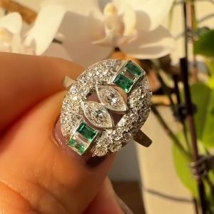 Bezel Marquise & Baguette & Round Cut White & Emerald Sapphire Engagement Ring