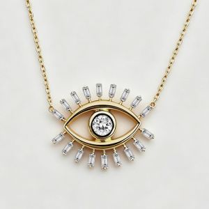 Golden Evil Eye Round & Baguette Cut White Sapphire Pendant Necklace