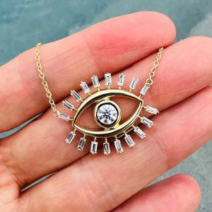 Golden Evil Eye Round & Baguette Cut White Sapphire Pendant Necklace
