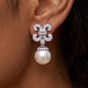 Floral Round & Baguette Cut Pearl & White Sapphire Drop Earrings