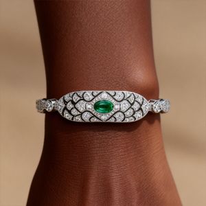 Bezel Halo Oval Cabochon & Round Cut Emerald & White Sapphire Tennis Bracelet