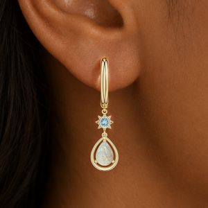 Golden Pear & Round Cut Opal & Aquamarine Sapphire Drop Earrings