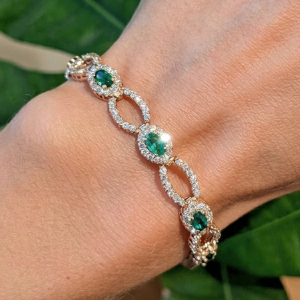 Golden Halo Oval & Round Cut Emerald & White Sapphire Tennis Bracelet