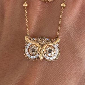 Two Tone Owl Round Cut Black & White & Champagne Sapphire Pendant Necklace