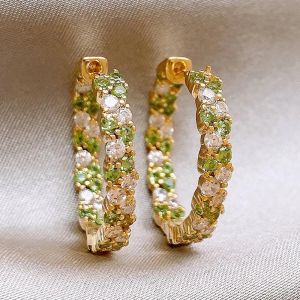 Pave Setting Round Cut Peridot & White Sapphire Hoop Earrings