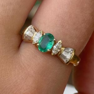 Golden Oval & Marquise & Baguette Cut Emerald & White Sapphire Engagement Ring