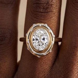Golden Bezel Oval & Round Cut White Sapphire Engagement Ring