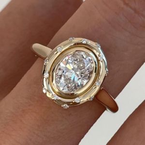 Golden Bezel Oval & Round Cut White Sapphire Engagement Ring