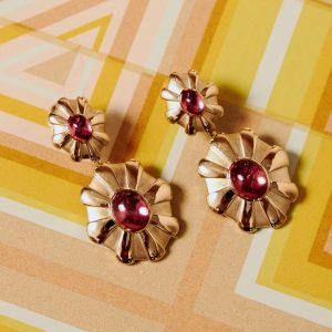 Golden Floral Oval Cabochon Cut Ruby Sapphire Drop Earrings