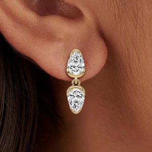 Golden Two Stone Pear Cut White Sapphire Drop Earrings