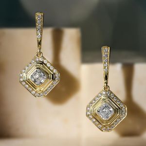 Golden Halo Asscher & Round Cut White Sapphire Drop Earrings