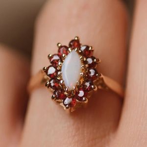 Golden Halo Marquise & Round Cut Opal & Ruby Sapphire Engagement Ring