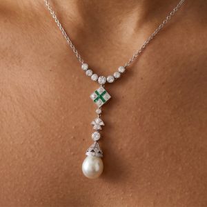 Round & Baguette & Princess Cut Pearl & White & Emerald Sapphire Pendant Necklace