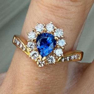 Golden Halo Pear & Round Cut Blue & White Sapphire Engagement Ring