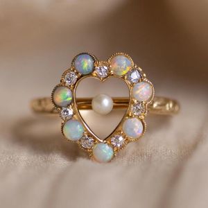 Heart Shape Round Cut Pearl & Opal & White Sapphire Engagement Ring