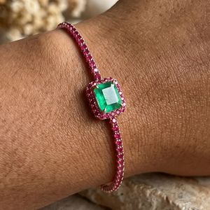 Rose Gold Halo Emerald & Round Cut Emerald & Ruby Sapphire Tennis Bracelet