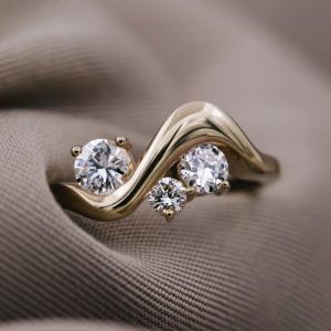 Golden Wave Design Round Cut White Sapphire Engagement Ring